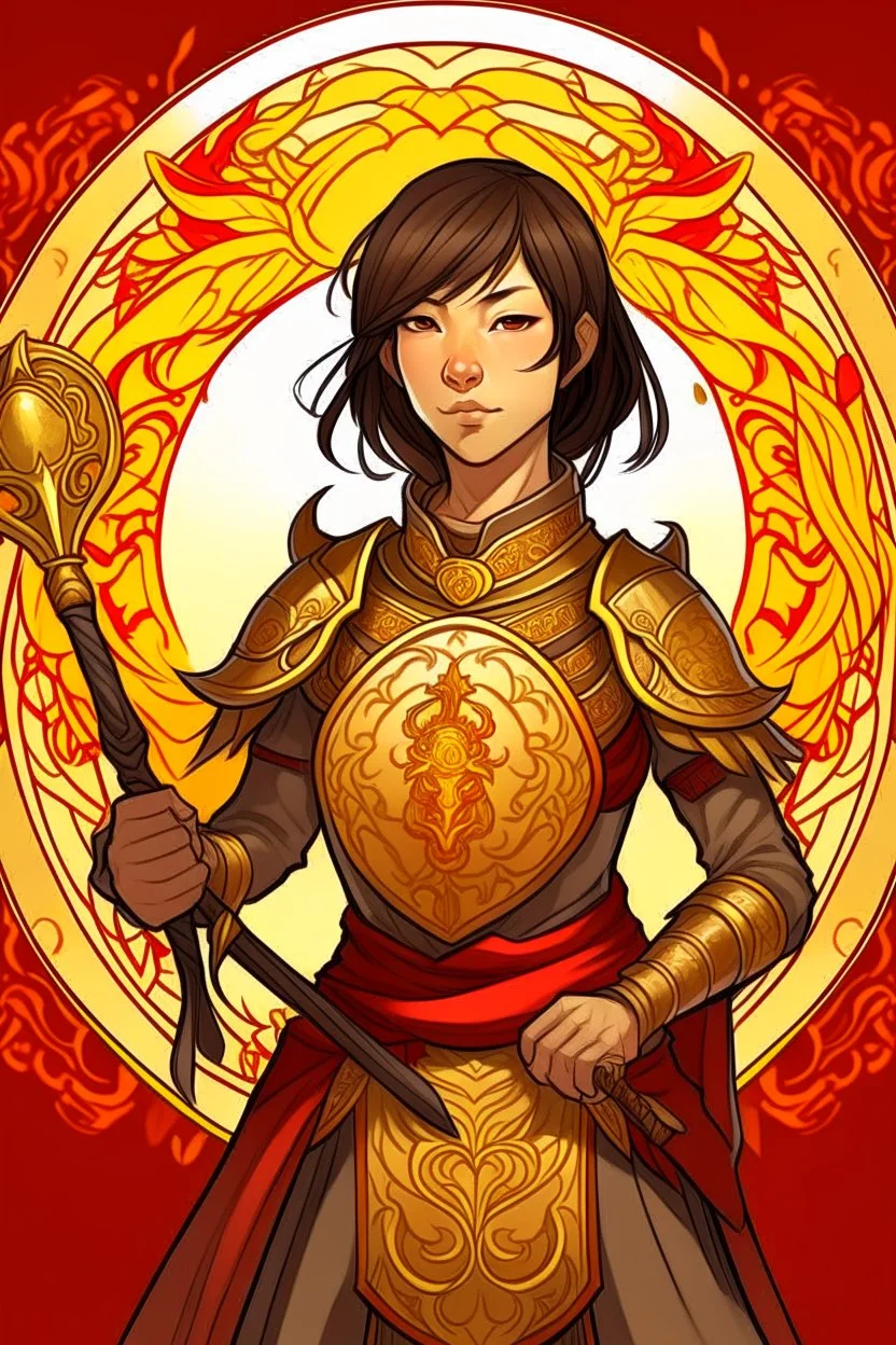 an anime drawing of a 40 year old thai woman. dark brown hair in a bob cut. she is wearing an armour over a beautiful thai gown. she has a sun themeing. and the color scheme is red and yellow. she is holding a shield and a sword