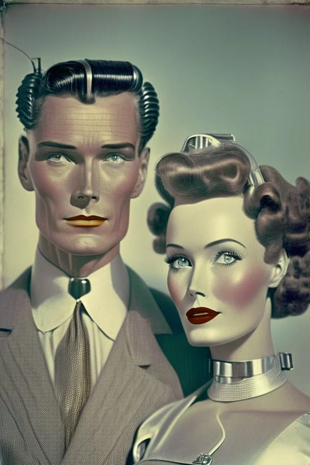 american dream portrait hansome man and a robot wife1950s