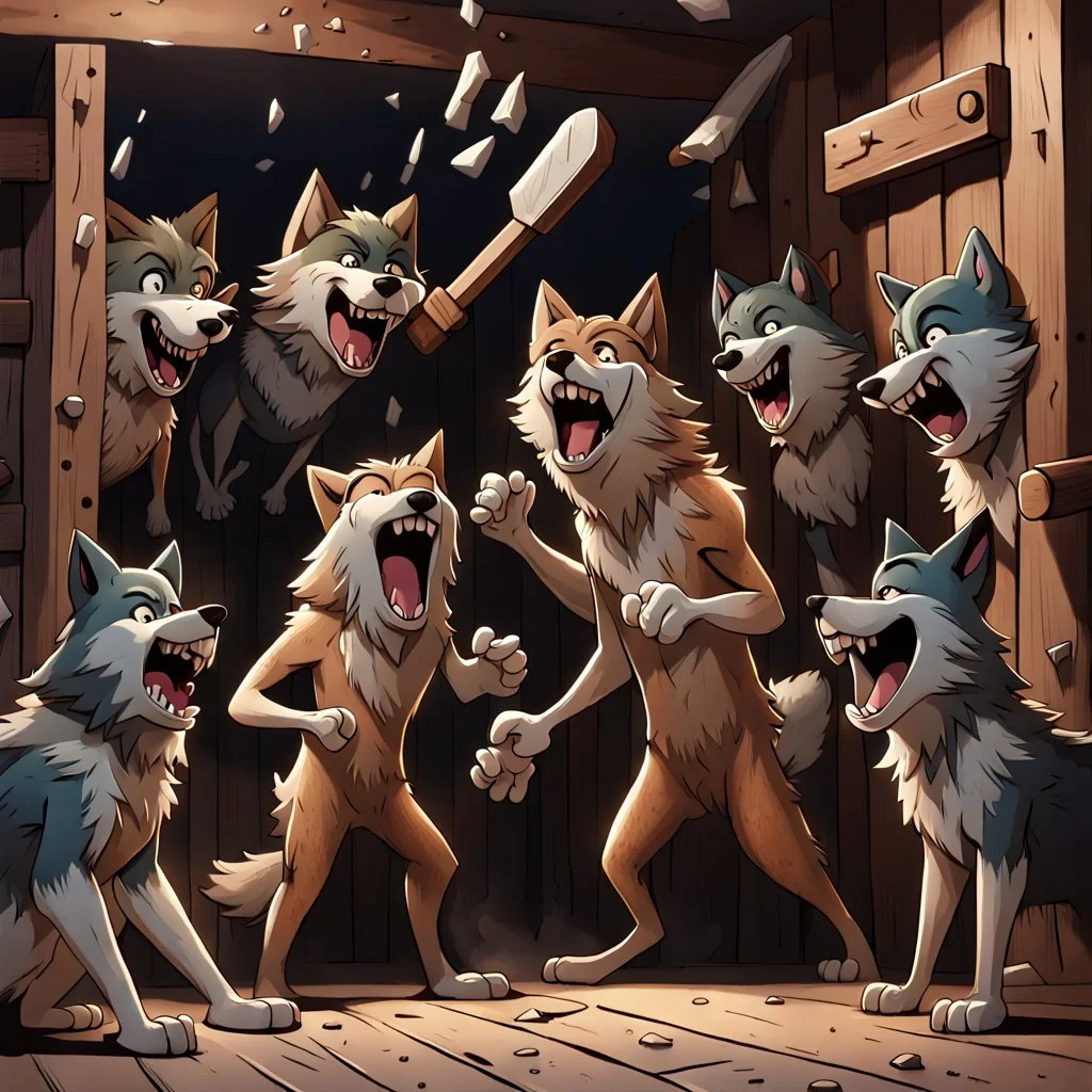 A group of anthropomorphic wolves react in surprise as one large hammer flies in the air against the wall of the wooden building. in the background other anthropomorphic wolves watch the scene unfold with expressions of shock and with surprise faces. one young anthropomorphic wolf in bodyhair stands in the foreground held up empty two paws, high realistic, detailed,dark fantasy mood, rain, cinematic