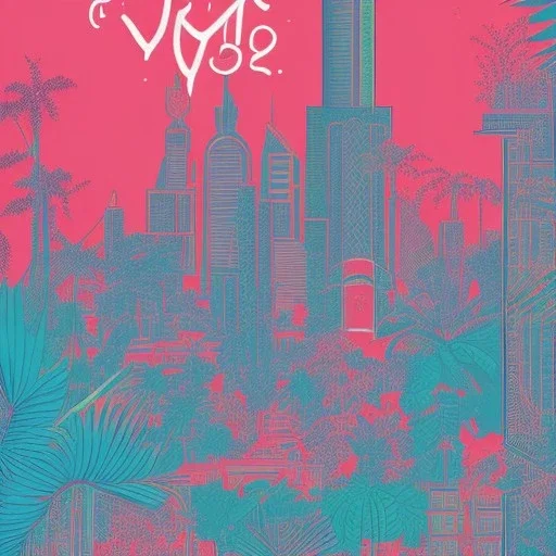 tropical, city, latino, plants, streets, risograph poster, flat design, 2 colors