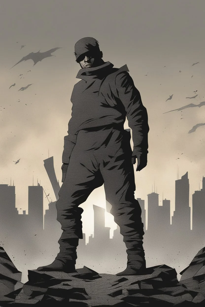 man, standing, silhouette, comic book,post-apocalypse, gray background,