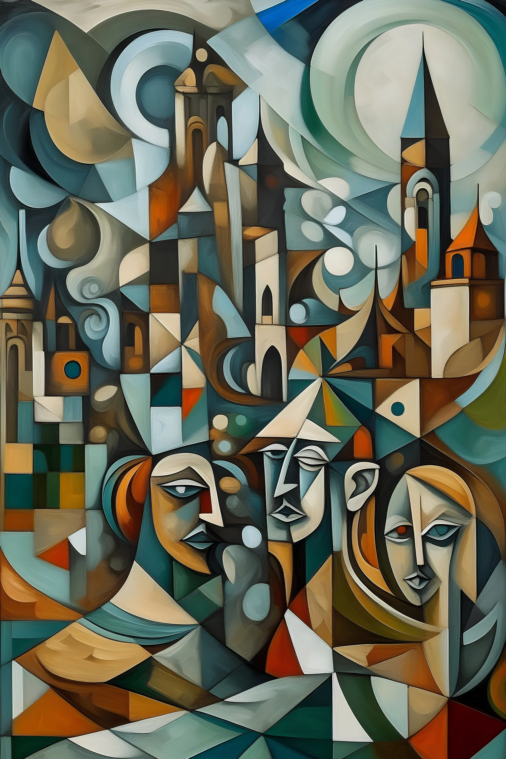 realizar una pintura de una ciudad distópica al estilo cubista de picasso sobre el calentamiento global