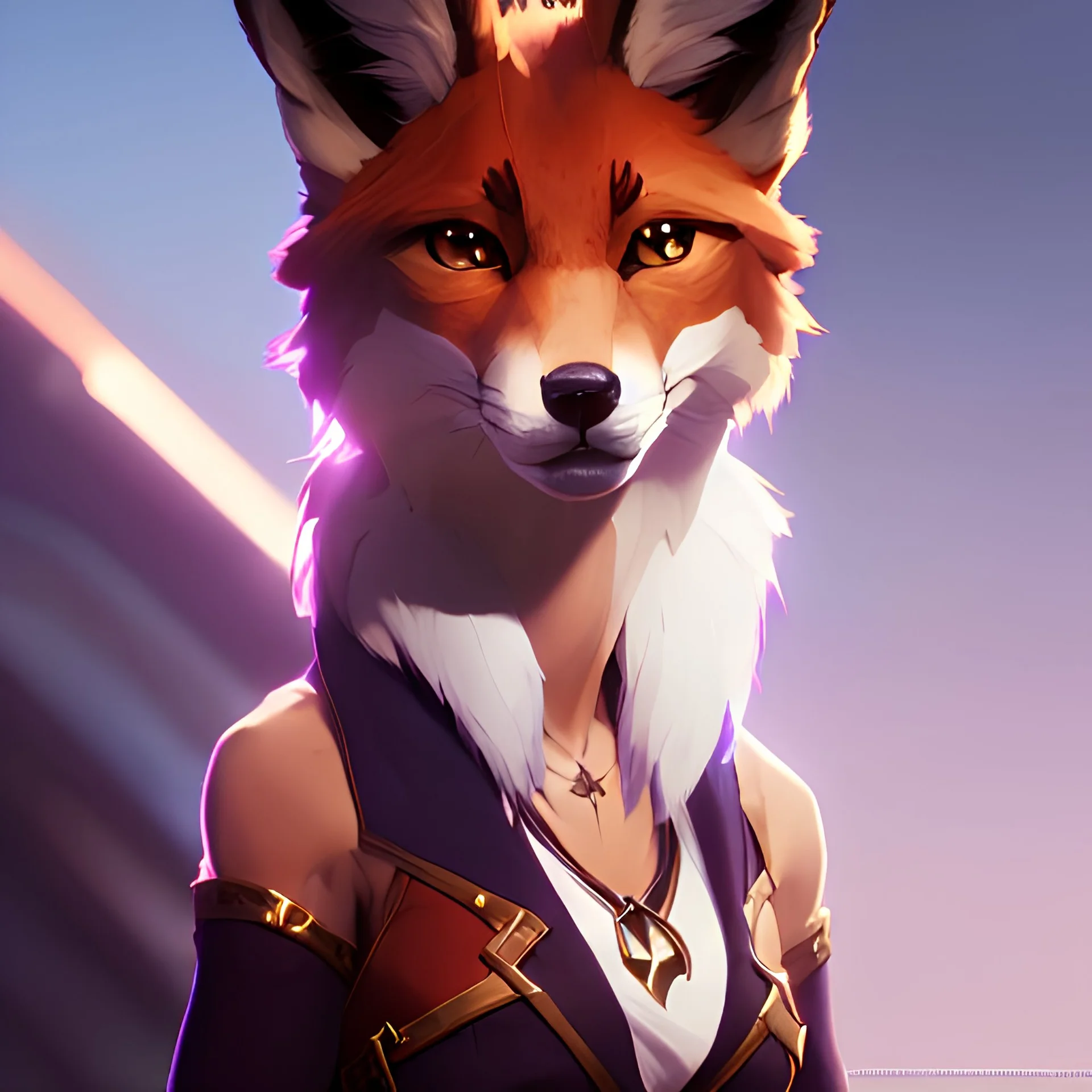 award winning portrait painting of a female anthropomorphic fox, (backlighting:1.4), digital painting, concept art, smooth, sharp focus, rule of thirds, intricate details, medium shot, (shallow depth of field:1.1), 4k, furry, fluffy, fursona, large tail, fluffly tail