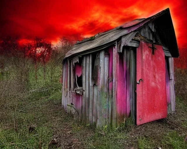 The entrance to Hell crossed with Alice in Wonderland, red clouds, abandoned shack, Cheshire cat