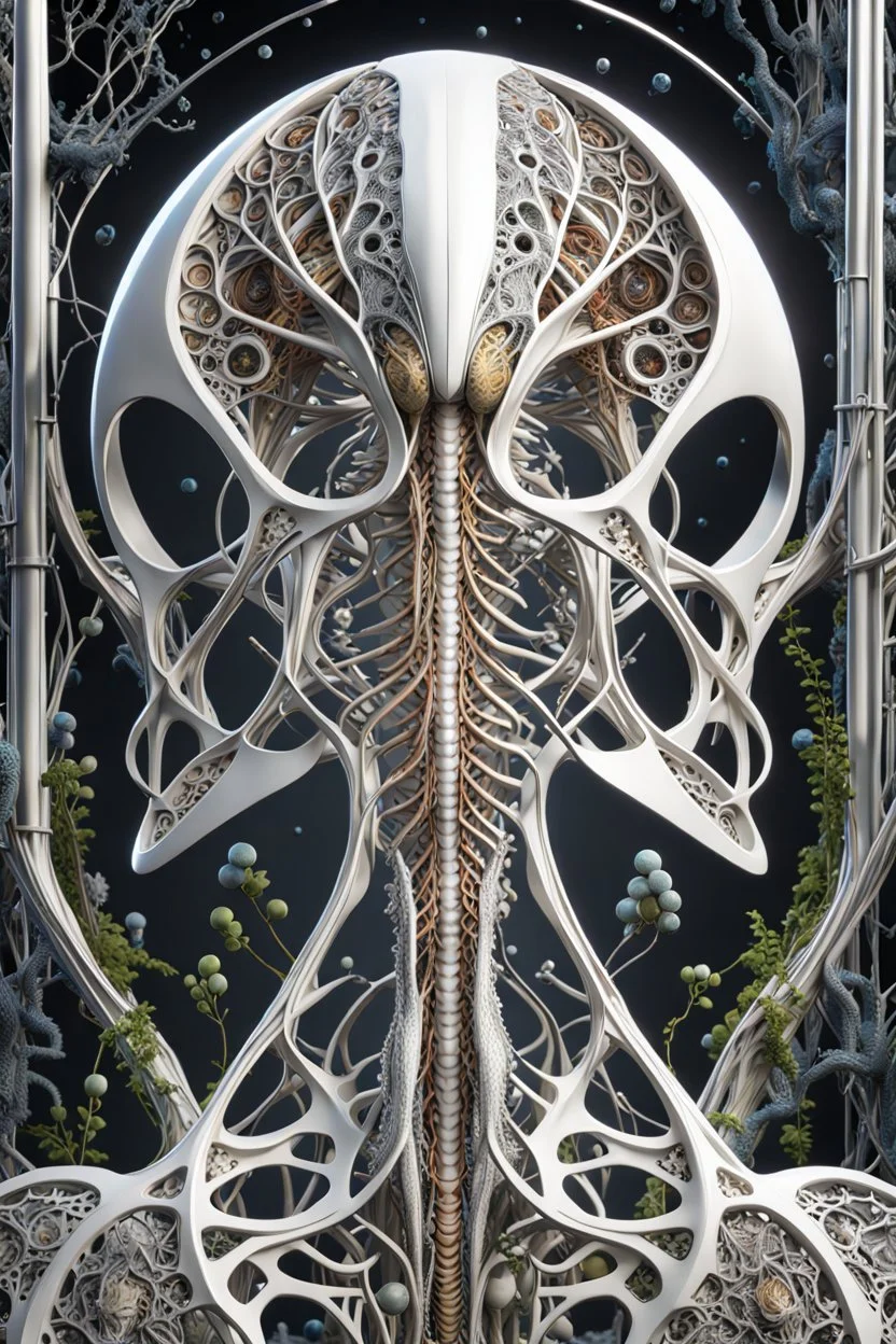 3D rendering of Expressively detailed and intricate of a hyperrealistic “alien anatomy”: rear view, scientific, single object, glossy white, shinning silver , a lot of vines, tribalism, laboratory background, shamanism, cosmic fractals, octane render, 8k post-production, detailled metalic bones, dendritic, artstation: award-winning: professional portrait: atmospheric: commanding: fantastical: clarity: 16k: ultra quality: striking: brilliance: stunning colors: amazing depth