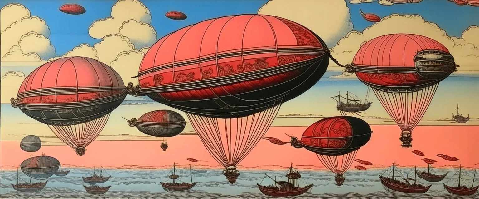 Airships in the pink sky painted by Utagawa Hiroshige