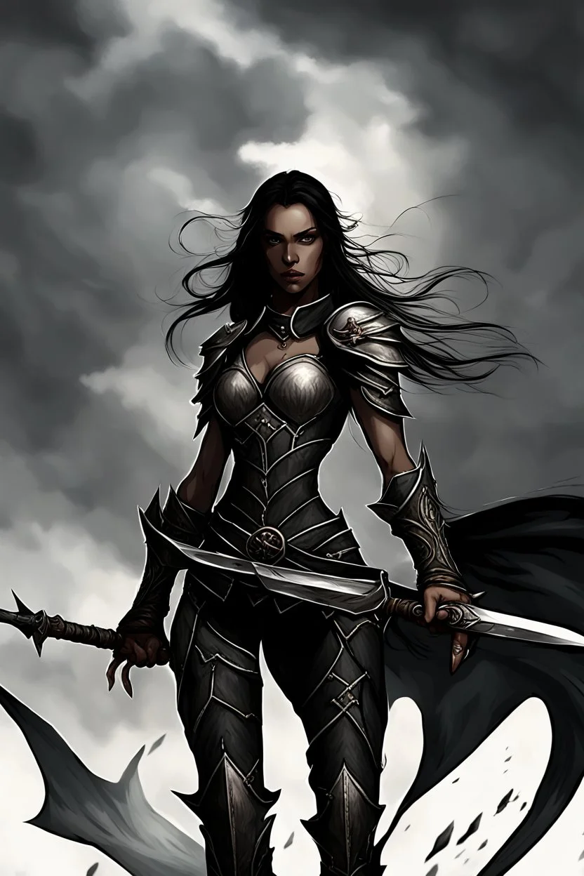 SA female elf with skin the color of storm clouds, deep grey, stands ready for battle. Her long black hair flows behind her like a shadow, while her eyes gleam with a fierce silver light. Despite the grim set of her mouth, there's a undeniable beauty in her fierce countenance. She's been in a fight, evidenced by the ragged state of her leather armor and the red cape that's seen better days, edges frayed and torn. In her hands, she grips two daggers, add dark shadow mystic purple flames