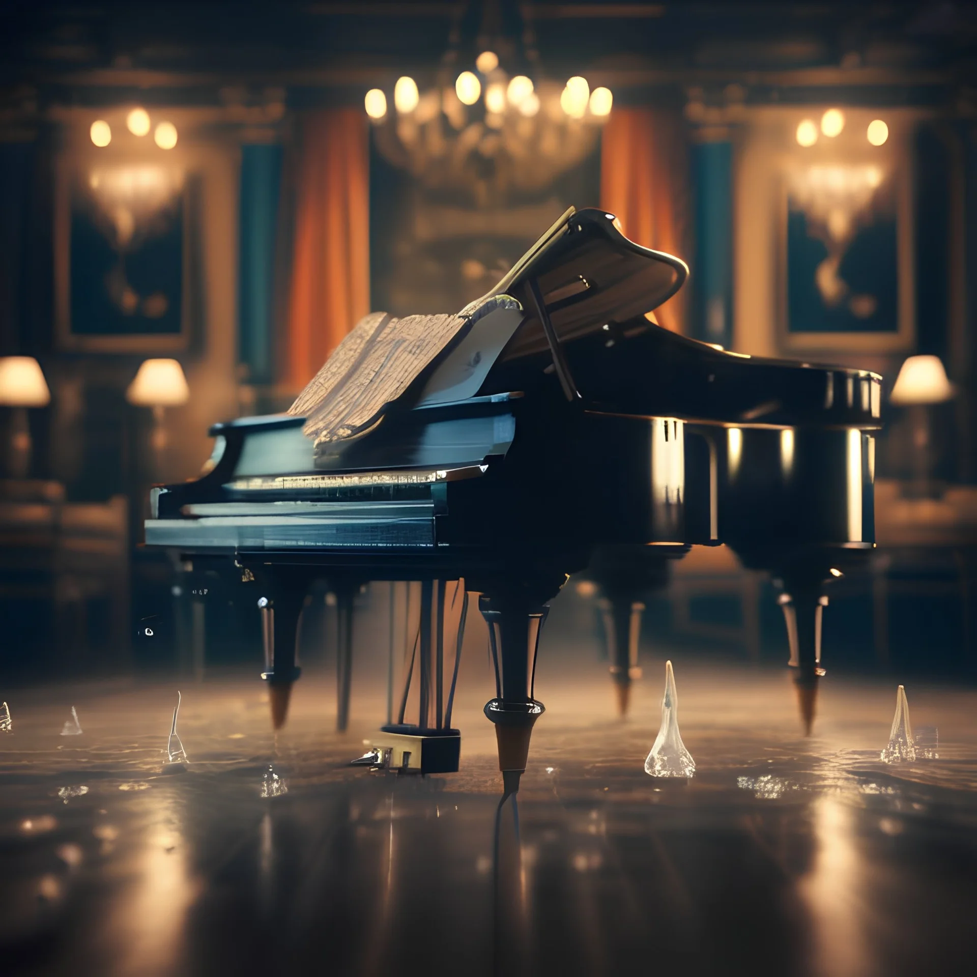 Create a 3D render style poster featuring a beautiful, classical piano viewed from the front and center. The piano has water dripping out from between its keys and leaking onto the floor. The blurry bokeh dim lighted background is a classic 40's night club setting late in the evening with smoke in the room.