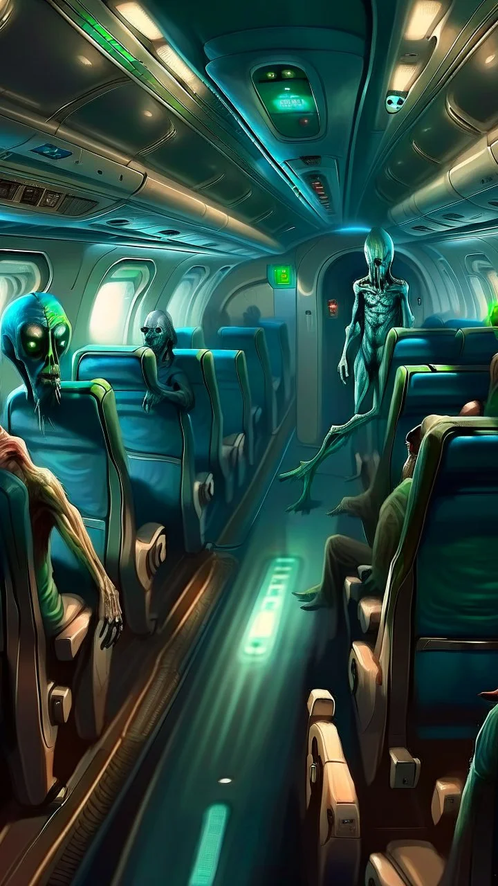 inside a commercial airplane an alien is walking in isle between the seats equipped with scared passengers Bosch painting style