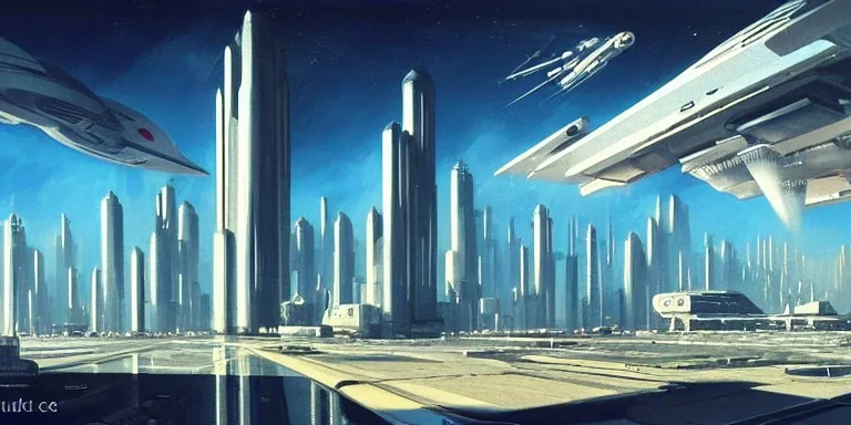 Spaceport on a heavy industrialized planet with futuristic high rise buildings with glass facades in the background and a docked spaceship in the foreground, retrofuturistic, art by John Berkey, brutalist architecture, insanely detailed, vibrant, 8k uhd, cinematic atmosphere, ultra-wide angle, street level view, brush strokes, blue sky with clouds, sharp focus