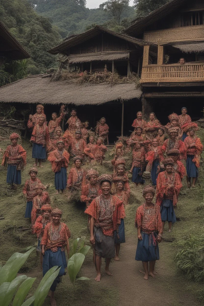 Fantasy place of Happy Torajan people in front of Tongkonan house celebrating something