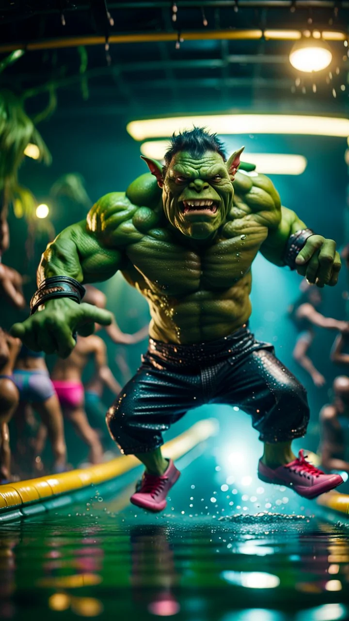 pimp rocker alien orc hulk gremlin diving in water slide in the middle of crazy dance moves dancing on buss parked in dark lit reflective wet jungle hall tunnel,bokeh like f/0.8, tilt-shift lens 8k, high detail, smooth render, down-light, unreal engine, prize winning