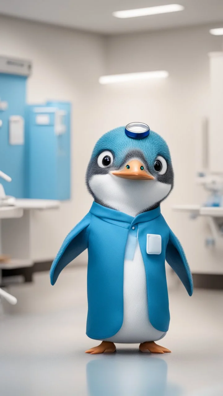 Un pingouin bleu portant l'uniforme d'un dentiste à l'intérieur de la clinique