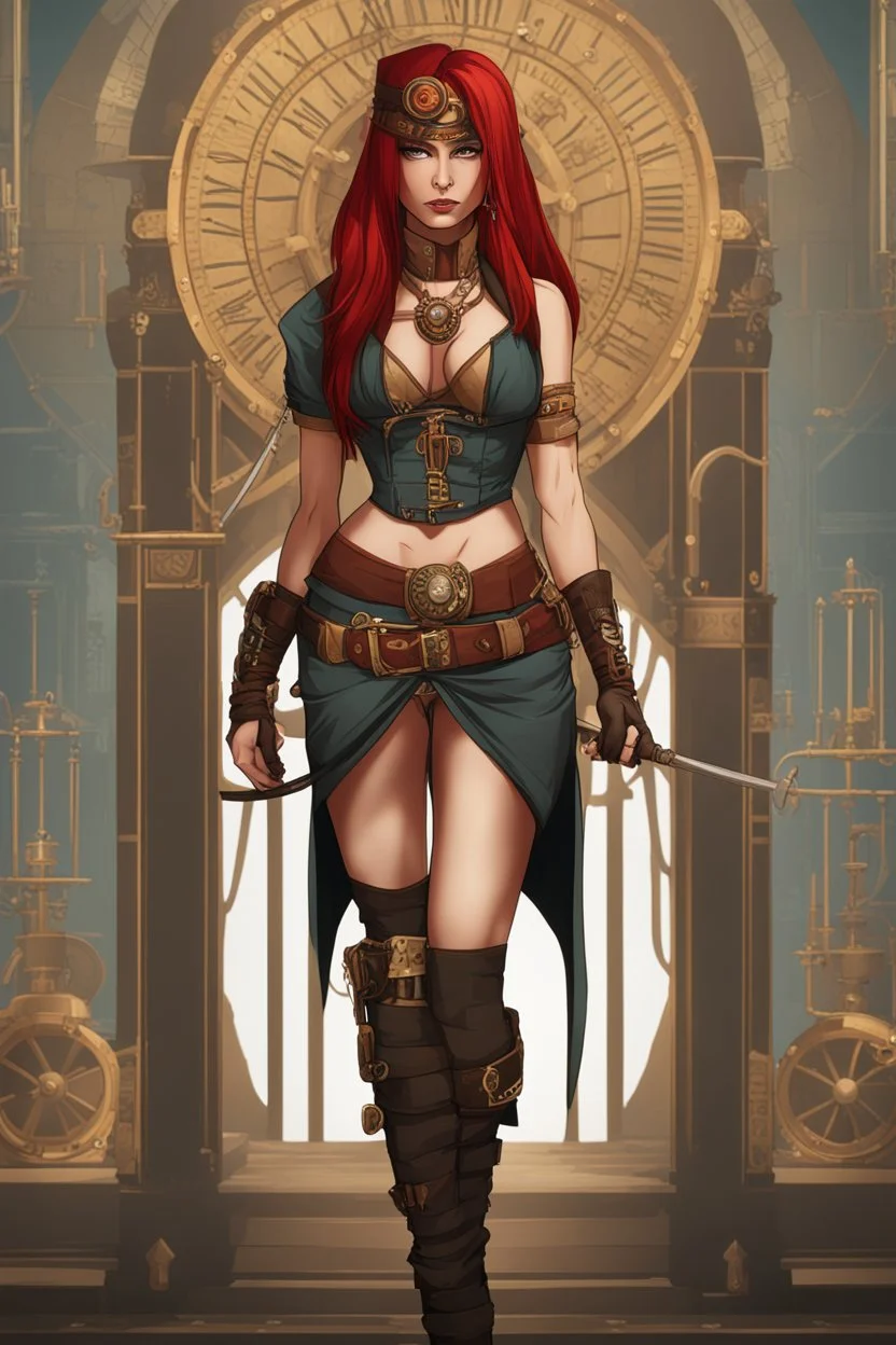 full body and headshot of a skinny Cleopatra, with long straight red hair, dressed as an assassin standing in a steampunk setting.