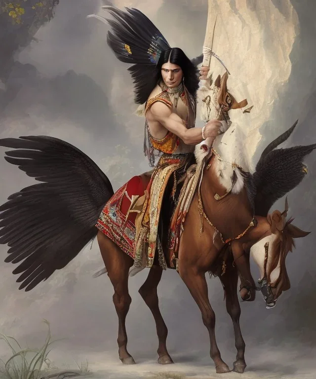 chaman, native american warrior, mature, long black hair, black fabric coat like wings