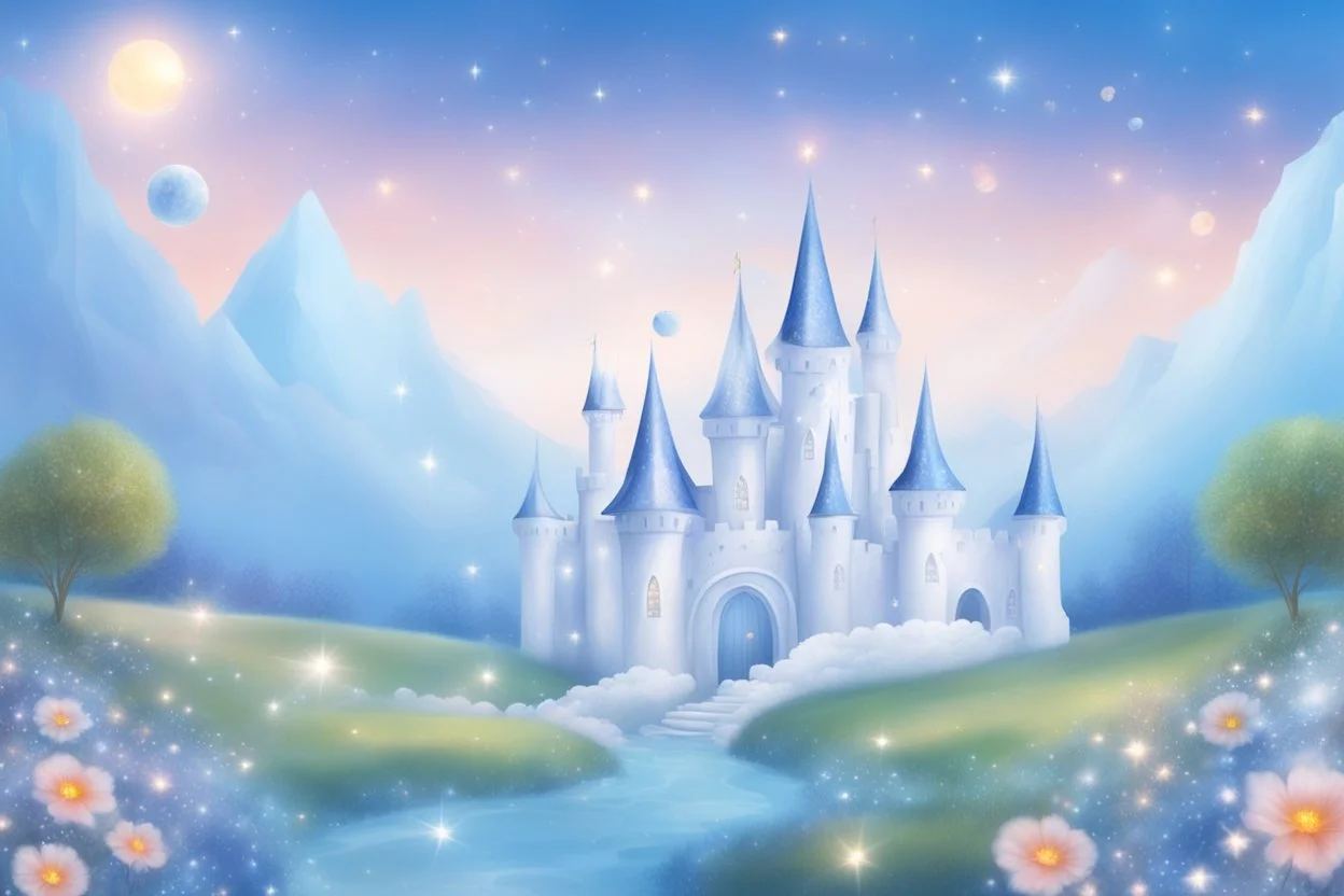 fairy and cosmic landscape with blue grass, magic plants, sky with light and stars. fairy white castle with diamond