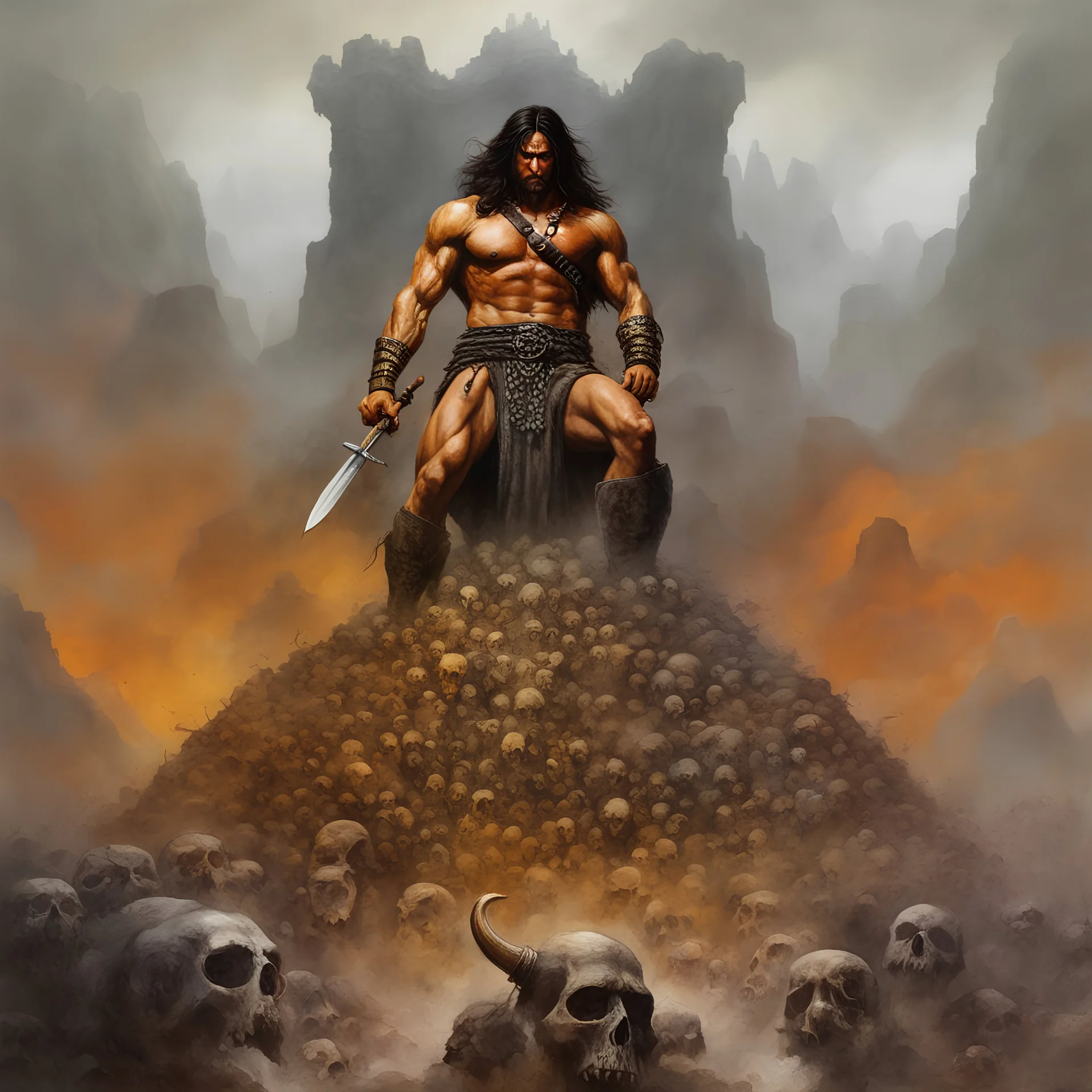 Conan the Barbarian standing on a mountain of Skulls, dark, multicolored watercolor stained wall in the background, oil painting in the art style of Frank Frazetta, 32k UHD, Hyper realistic, photorealistic, realistic, sharp, highly detailed, professional quality, beautiful, awesome, majestic, superb, trending on artstation