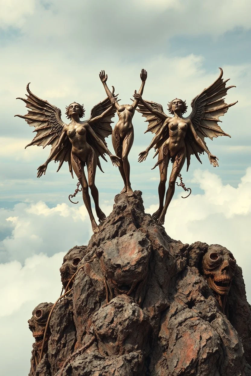 sculpture of goddesses above the clouds on a top of a mountain open arms . decayed and rotting with grotesque proportions and imagery. abstract grotesqueries, detailed texture, surreal horror, biomechanical design, by hr giger and beksinski