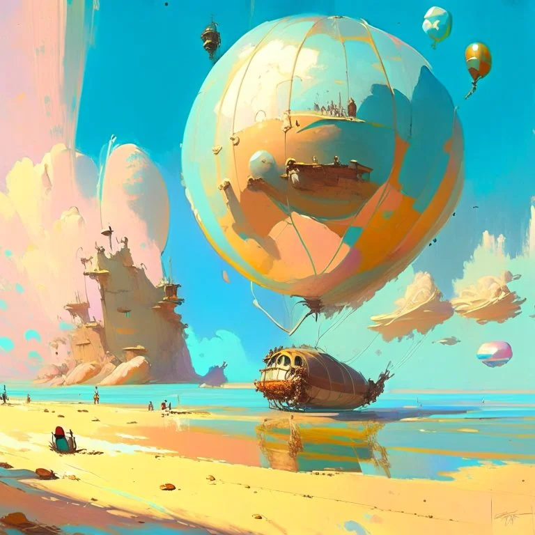 balloon painting is floating over a beach, in the style of raphael lacoste, rough clusters, ian mcque, rococo pastel, 32k uhd, detailed illustrations, grzegorz domaradzki