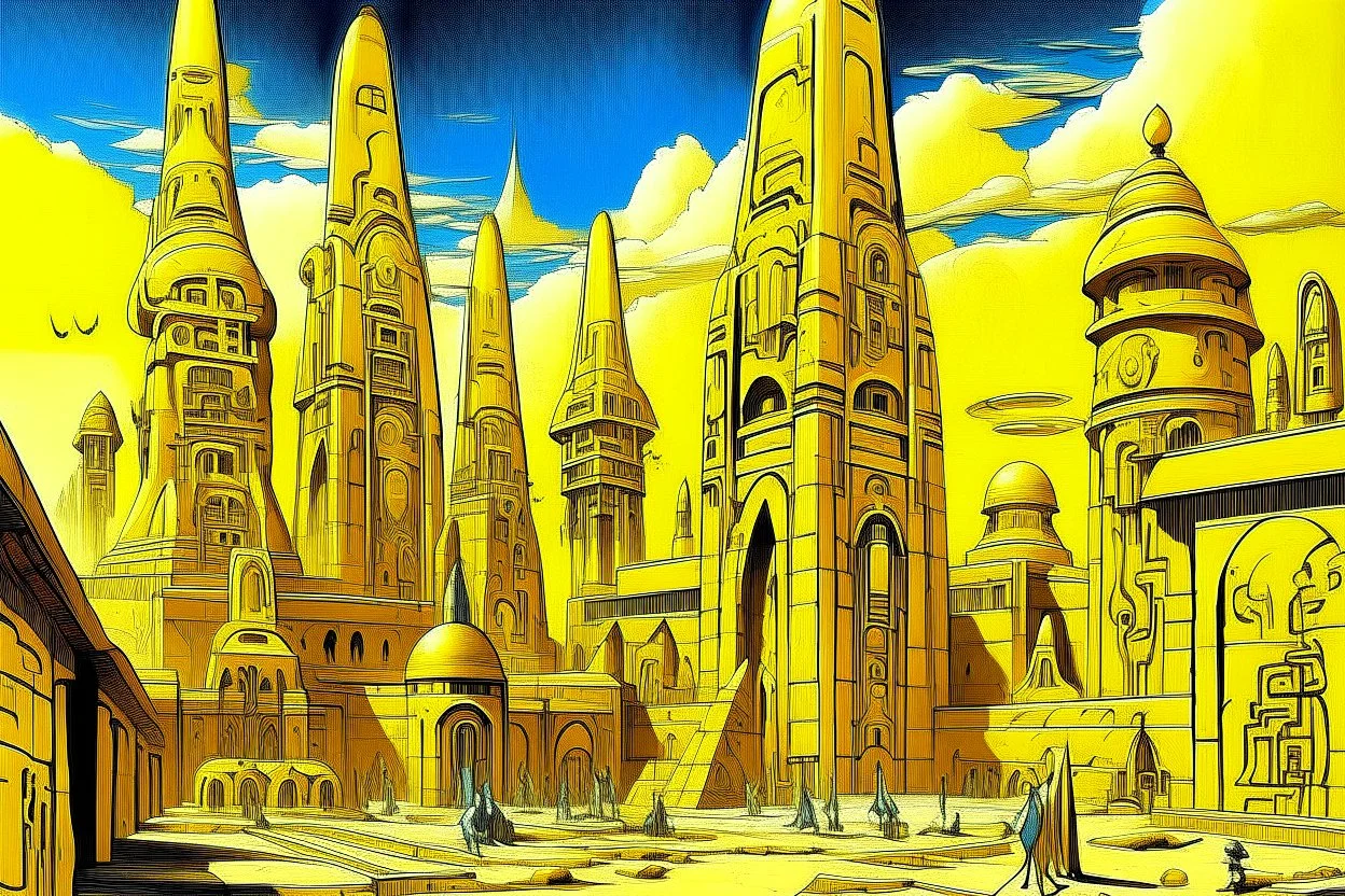 A yellow electrical city designed in ancient Egyptian hieroglyphics painted by Salvador Dali