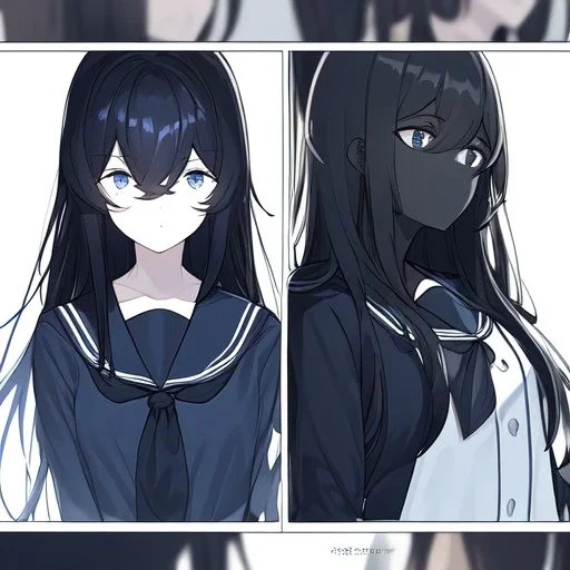 Clear focus,8k,Beatiful Lighting,Beatiful Blur,Beatiful Face,Beatiful Shading,Black long hair,silky hair, long silky bangs, dark blue eyes, wearing a sailor uniform outfit, Hair in eyes, lot of hair, Line art, Sad, Looking into the dark ocean, dark colors