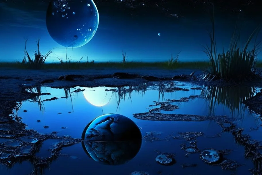 Dark blue sky with one exoplanet in the horizon, rocks, puddle, weeds, sci-fi movies influence, epic