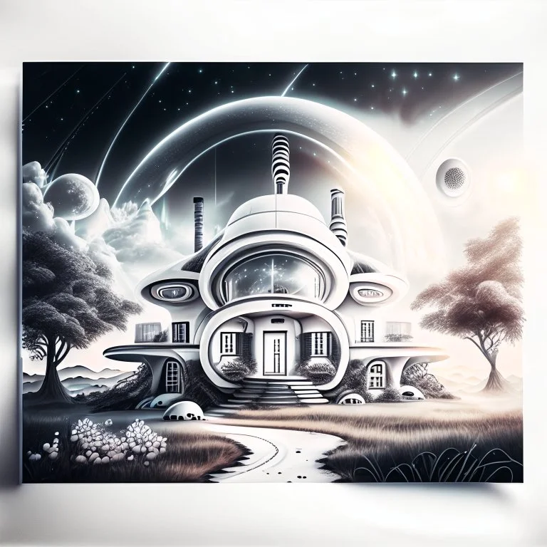 Futuristic country house 8k white ink art