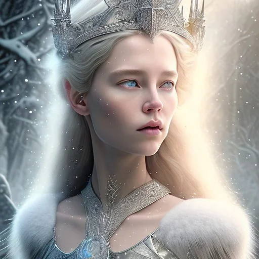 portrait of the most incredible, stunning, beautiful ice queen goddess,chronicles of narnia, white witch, intricate crystal ice crown, iridescent gown, 8k resolution, high-quality, fine-detail, elaborate, digital art, detailed matte, volumetric lighting, beautiful, illustration, brian froud, howard lyon, selina french, greg rutowski,