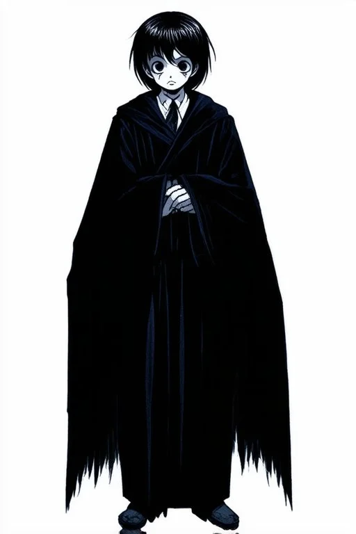 7 year old boy, necromancer, friendly, looks dead,wearing black robes, with the lower body of a ghost in the style of Harry Clarke
