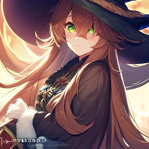 Clear focus,High resolution, brown long fluffy hair, long fluffy bangs, green eyes, wearing a witch outfit, extreme close up, front hair cover eyes, holding hat