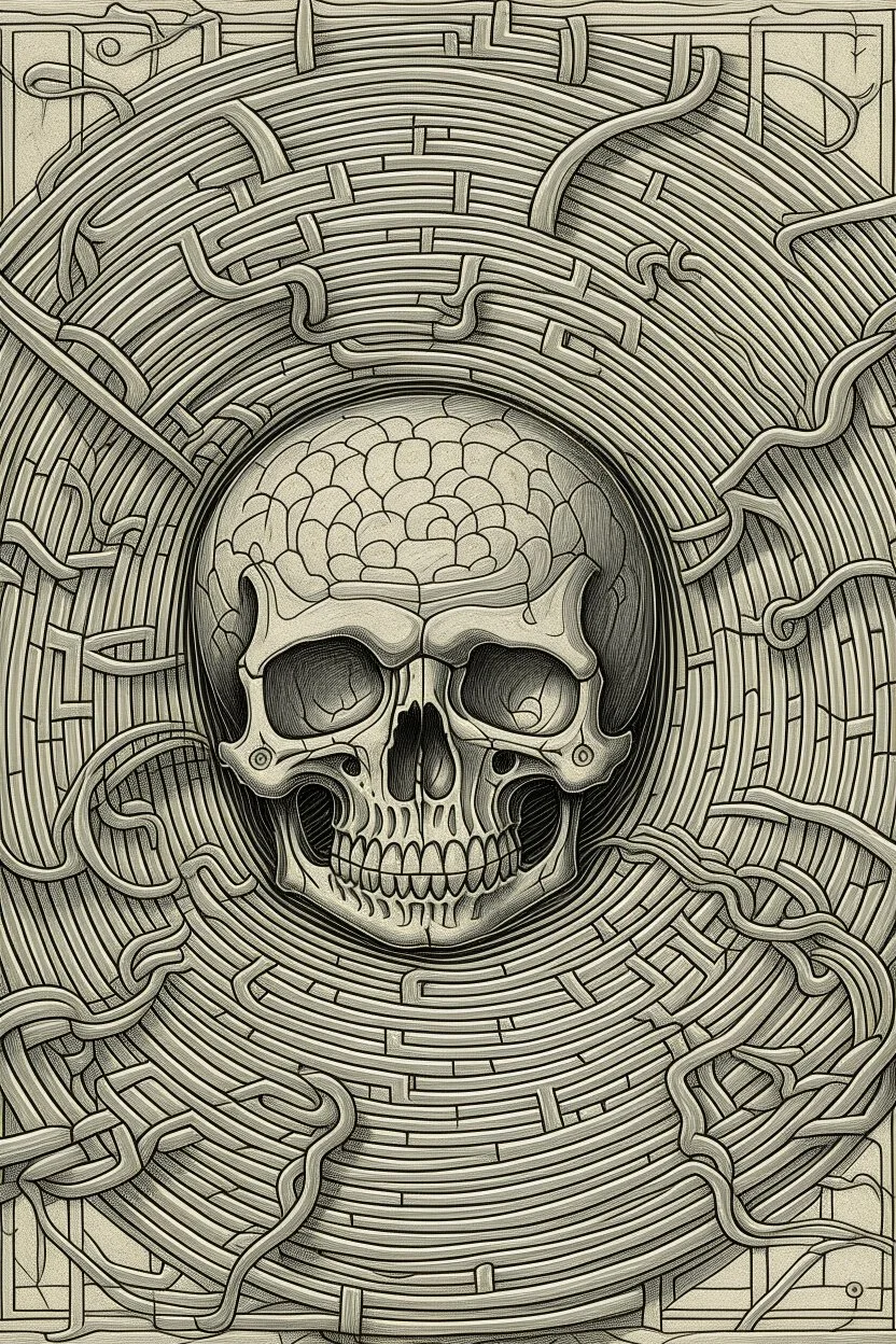 A labyrinth drawing the lines of a skull