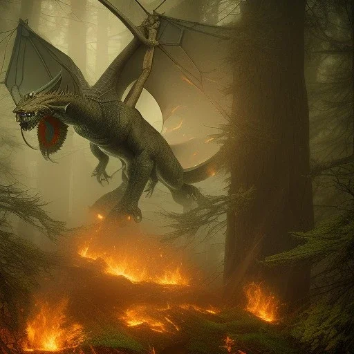 film still, cinematic dragon, chrome teeth, blazing forest fire by paul bonner