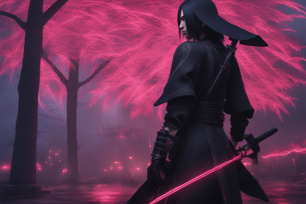 Itachi Uchiha in 8k nier automata artstyle, Uchiha Custom, neon effect, close picture, rain, fantasy world, intricate details, highly detailed, high details, detailed portrait, masterpiece,ultra detailed, ultra quality