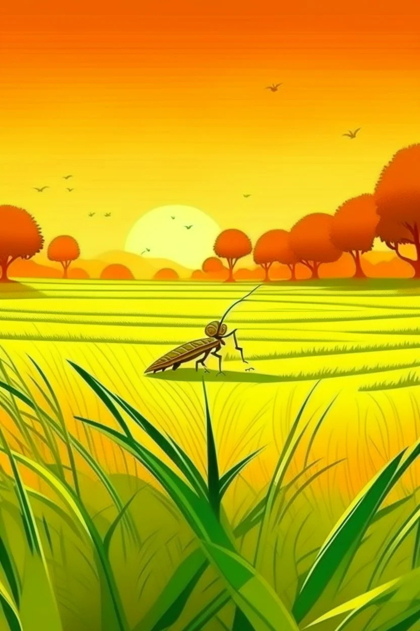 Rice field，Trees，Warm color palette，Animation，A lovely grasshopper，The grasshopper stood on the rice field