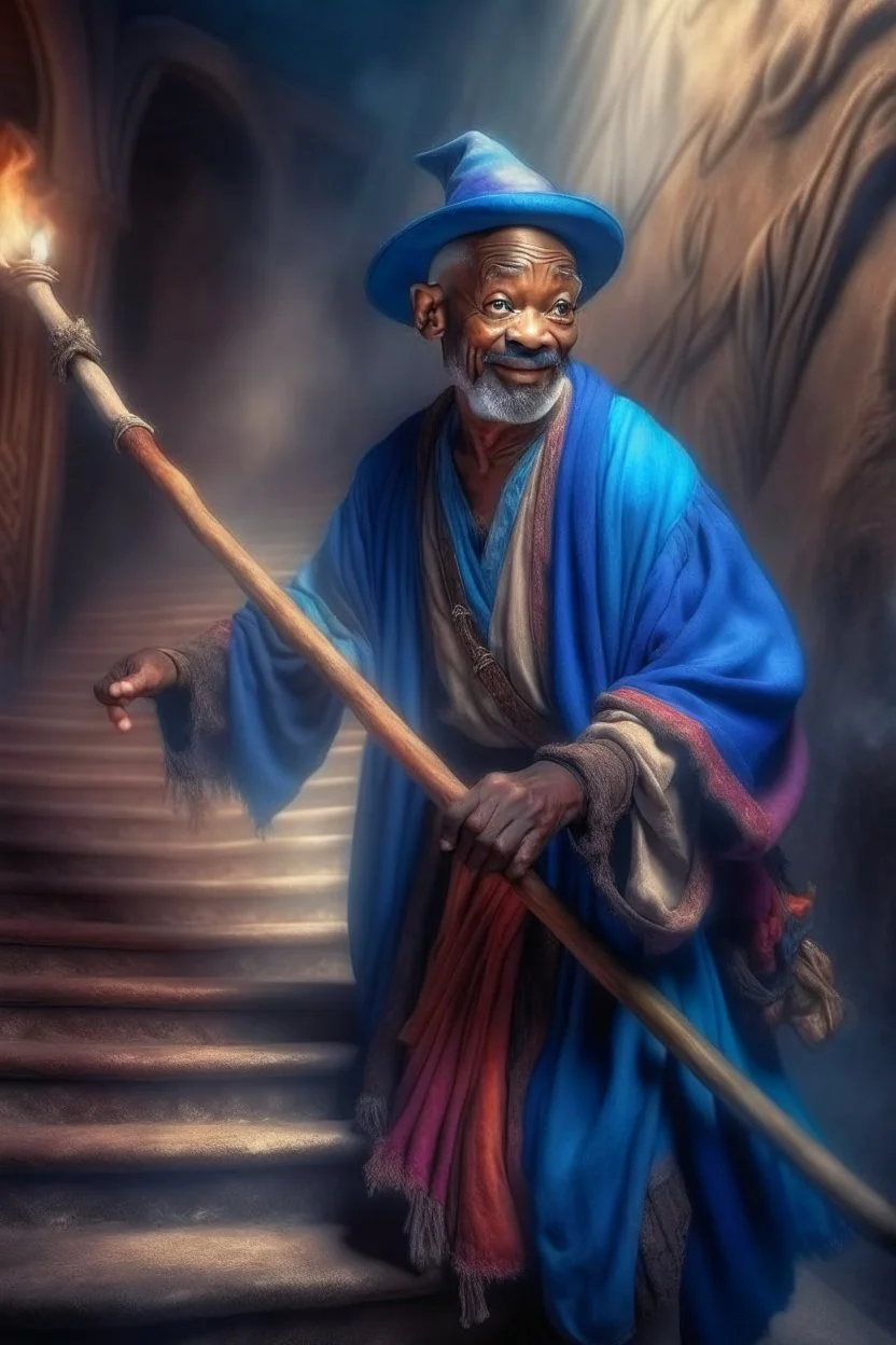 old Will Smith as wizard on donkey walking with a stick up the stairs to heaven, 4 k, down-light, soft light, depth of field, photo realism, trending on art station, high detail, spray paint