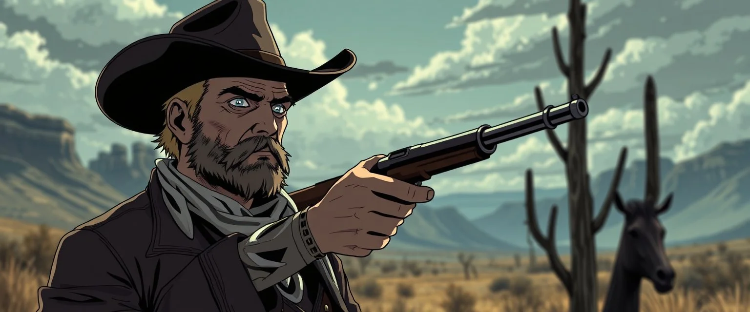 Magnus Carlson in the wild west looking cool, anime style