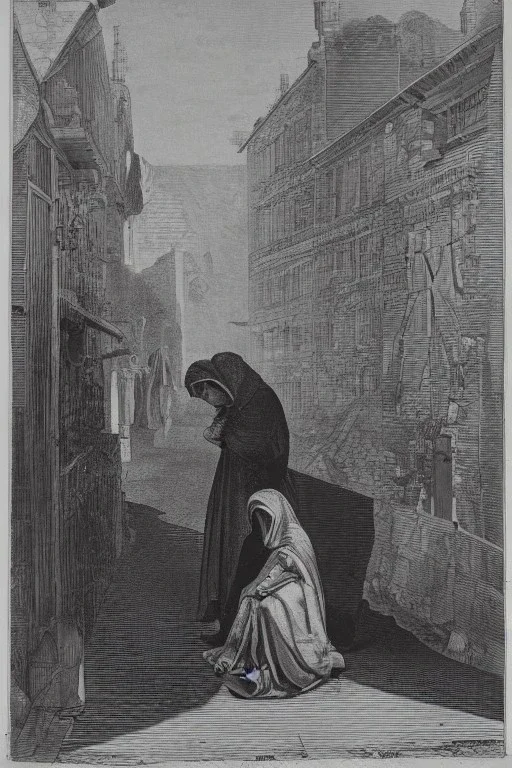 Line drawing, lady, kneeling in an alleyway, bruised face and arms, torn clothing, hands raised in front of face face for protection, partially shrouded in shadows