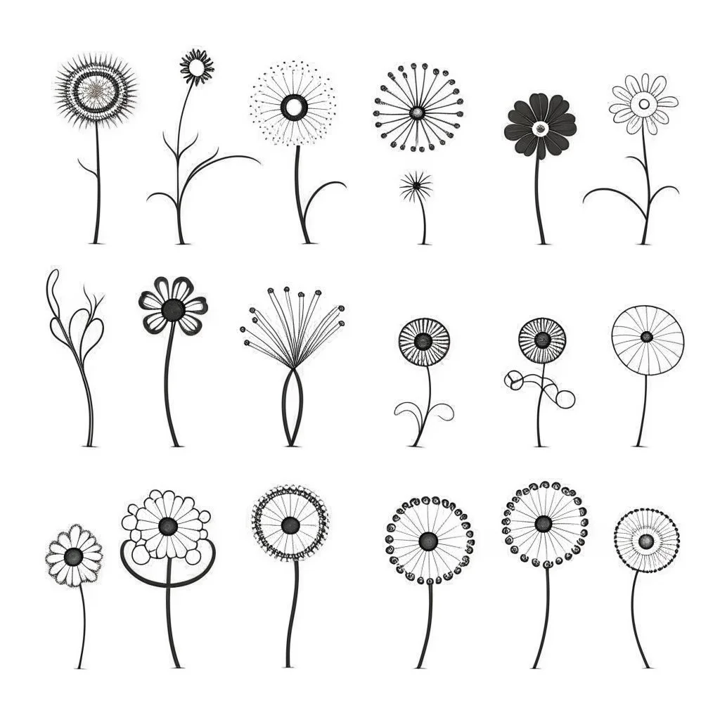 set of grow wind flower on the grace silhoutte, SIMPLE ONE lineS art, white background, minimalis, different view, only white bakcground solid.