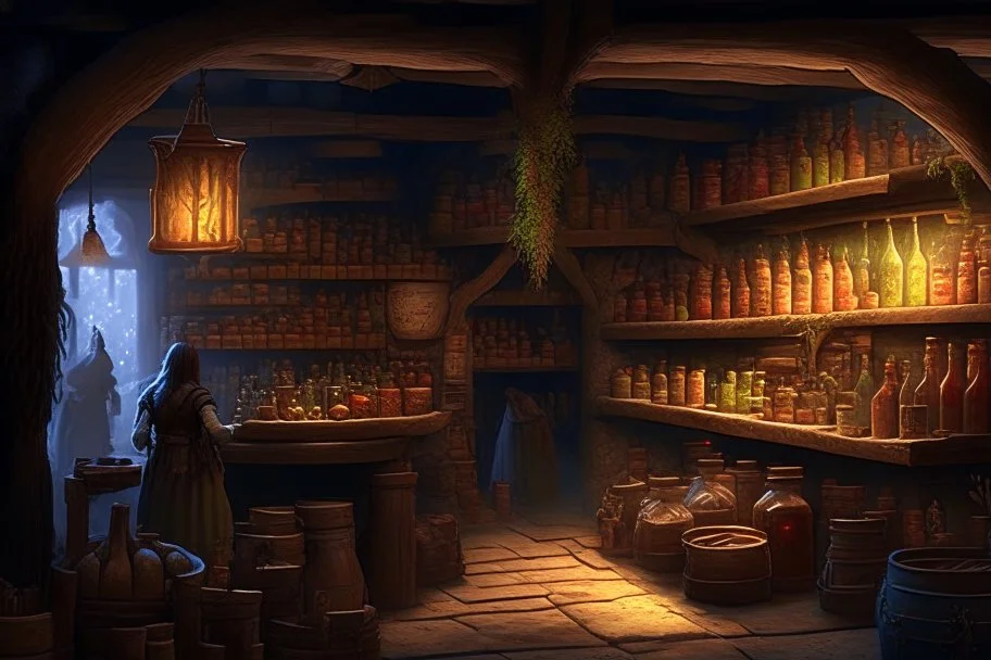 inside of a medieval shop, wooden walls, log pillars, stone bar with shop keeper behind it, magical ingredients on display and weapons on display. people, elves, goblins, orcs, dwarves and lizard folk in room. low lighting and creatures in containers. shelves half empty