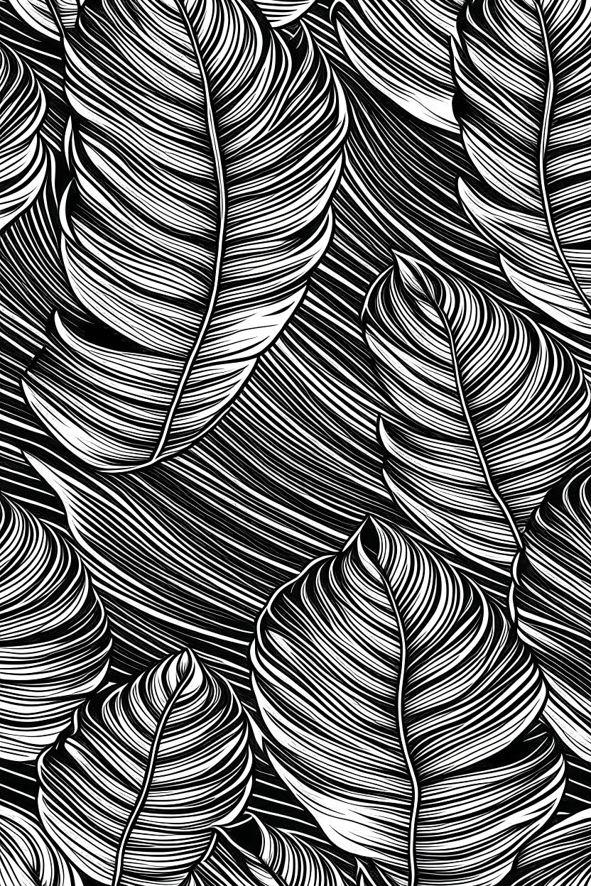 Create seamless banana leaf wallpaper pattern in 2d black and white simple illustrator line