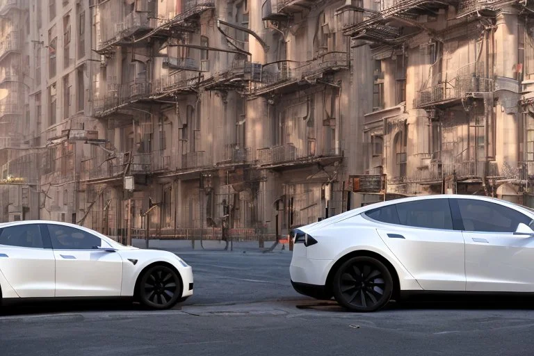 A Tesla 'Model S' is parked, near the 'Pier 11' in Manhattan. (CINEMATIC, WIDE ANGLE LENS, PHOTO REAL)