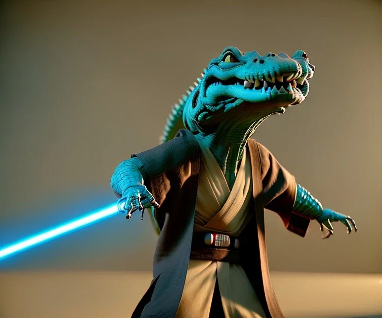 Star wars animation, crocodile, albino, samurai robe, holding lightsaber, hands, wrist gauntlets