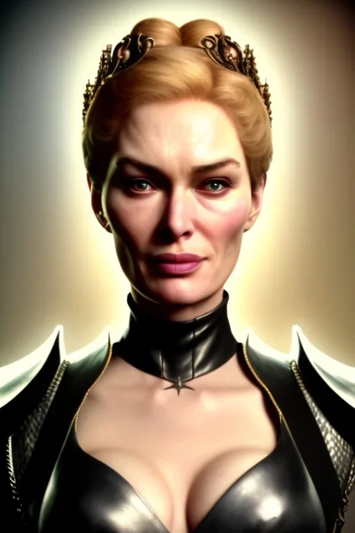 Cersei Lannister as evil queen in black leather, busty, cleavage, curvy, lena headay, angry, stern look. character design by cory loftis, fenghua zhong, ryohei hase, ismail inceoglu and ruan jia. unreal engine 5, artistic lighting, highly detailed, photorealistic, fantasy