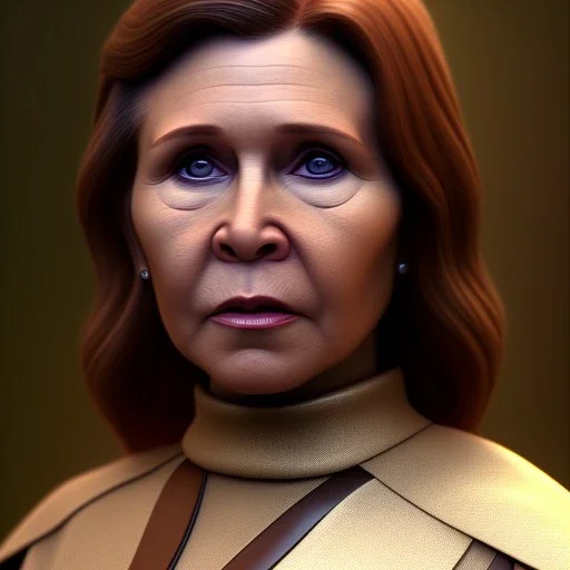 upper body photorealistic jedi carrie fisher in Star Wars, sharp brown eyes, photorealistic skin, dark brown jedi robe, cinematic lighting