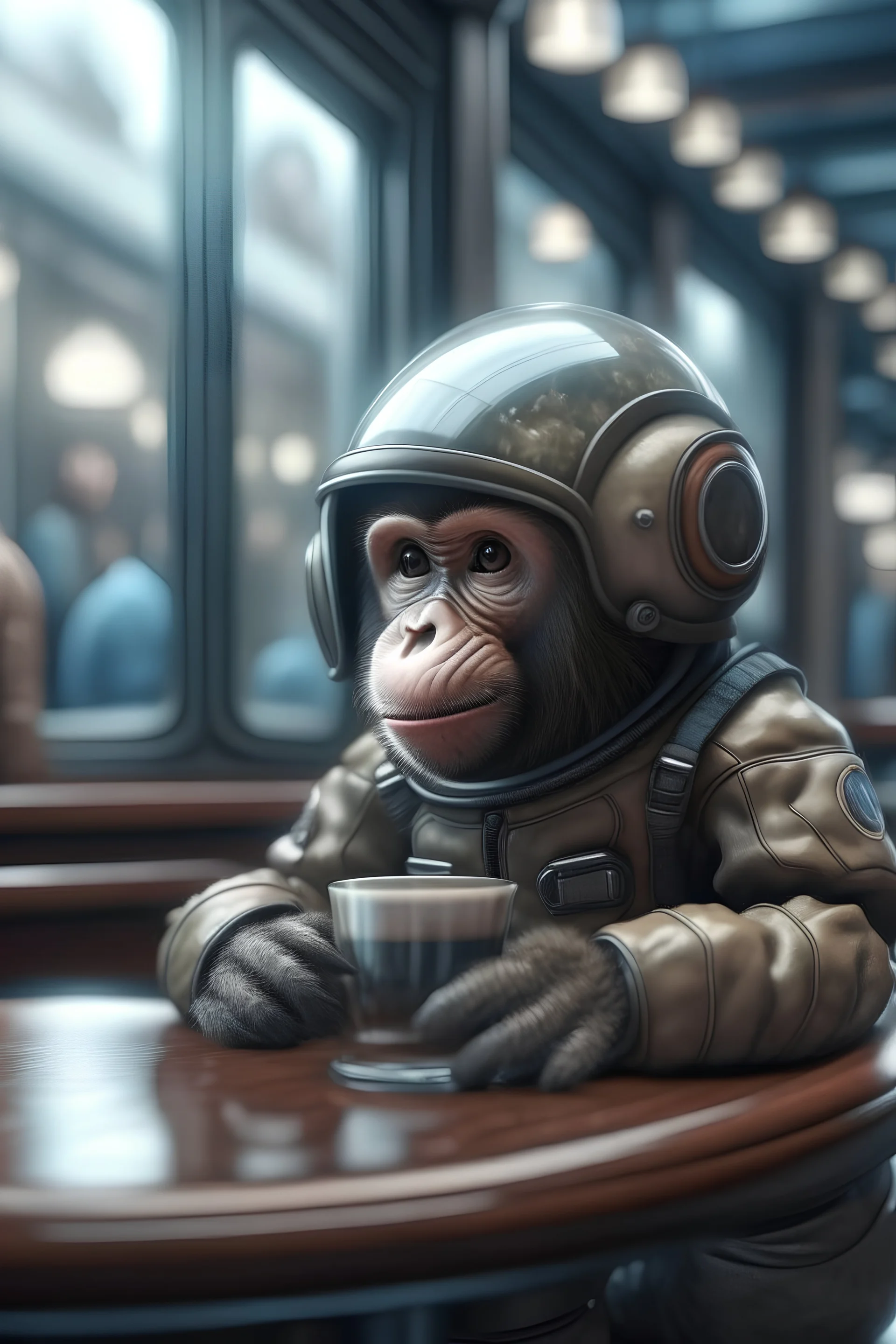 Space suit baby monkey with glass helmet sitting at a cafe, he, realistic, textured fur, hdr, photoshop, photography, 4k, 16k, leica, fujifilm