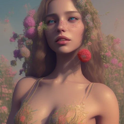 3d smilling woman,bikini, full body, 32K, intricately detailed, plants, flowers, colorful, rtx, unreal engine 5, art nouveau, clouds, smoke, square type face