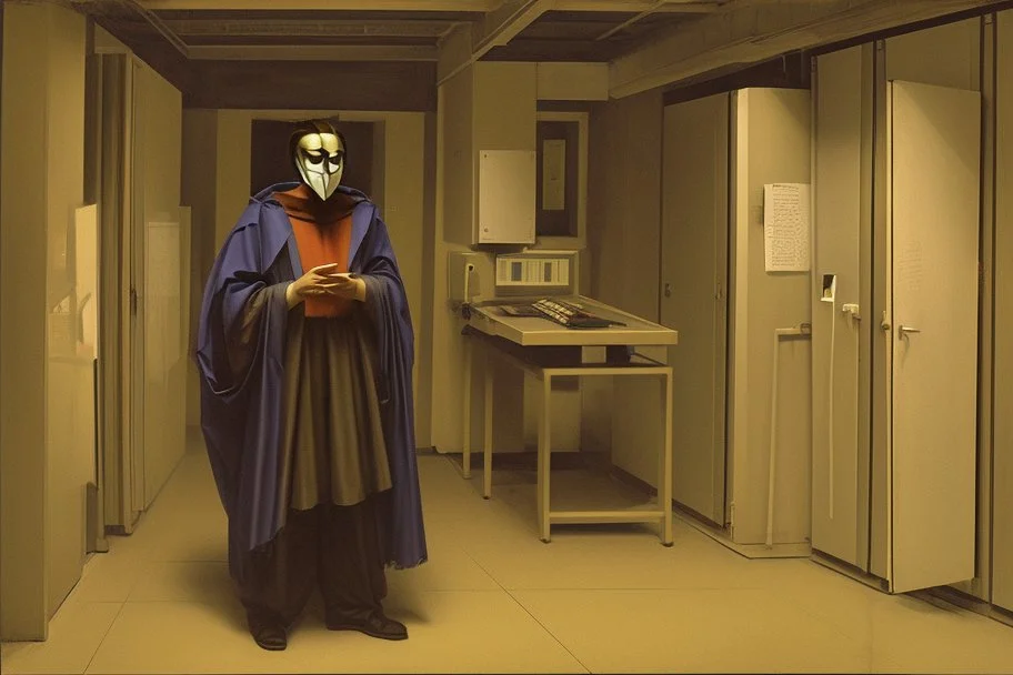 man wearing anonymous mask stands in server room by andrea del sarto