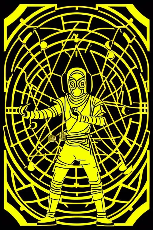 Geometric 3D Buddhist tiling on the background. Bronze color, Yellow, Black Cyan photograph Cyber-punk, full-mask, olAKG-style big headphones, golden rings & disc, fencing mask. Selfie archer. Asa Akira, lightly armored, electronic circuits. Thick tights, thick calves, bend fell, wide hip, flat belly. Ancient artifact attached. Perfect body. Matrix movie clothes, Silver leather area, tippet, latex. Wicked sneakers. Daft Punk, Tron Movie. 1990's, old telephone microphone. Haute Couture