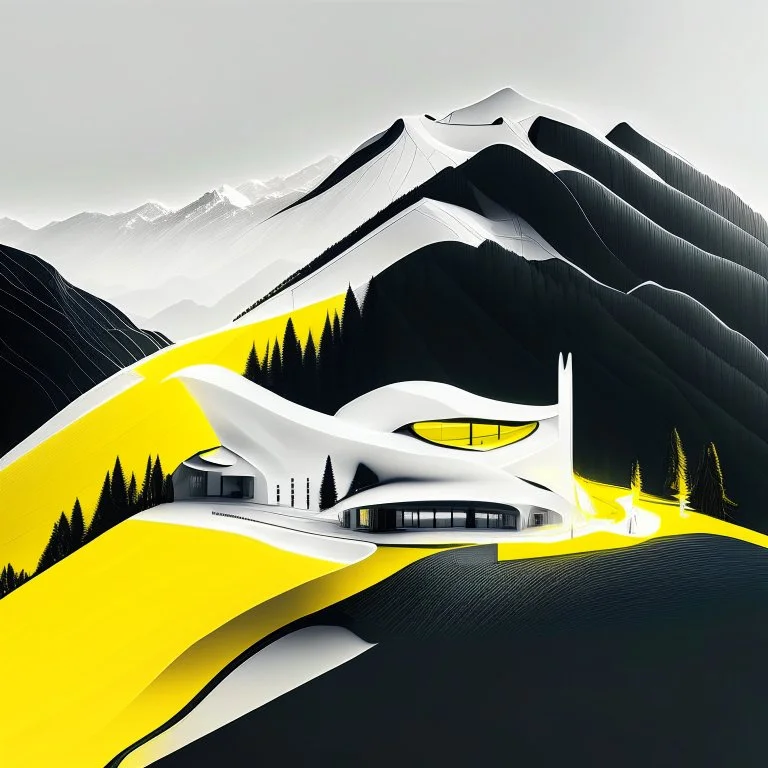 Ilustración minimalista de una casa campestre estilo Zaha Hadid en las montañas arte nouveau neón lineal color negro blanco y amarillo calidad ultra fondo ciudad vista aérea