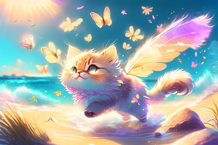 cute chibi fluffy beige bioluminescent cat playing with colorful flying butterflies dynamic movements next to the sea in a tropical paradise in sunshine